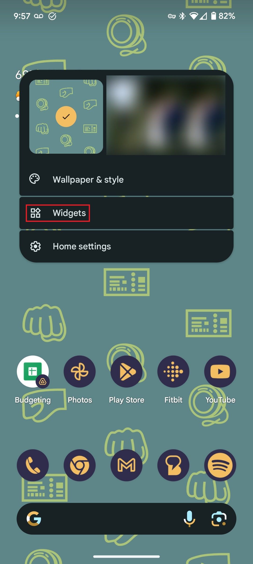 The home screen settings on a Google Pixel phone with the Widgets option highlighted by a red box