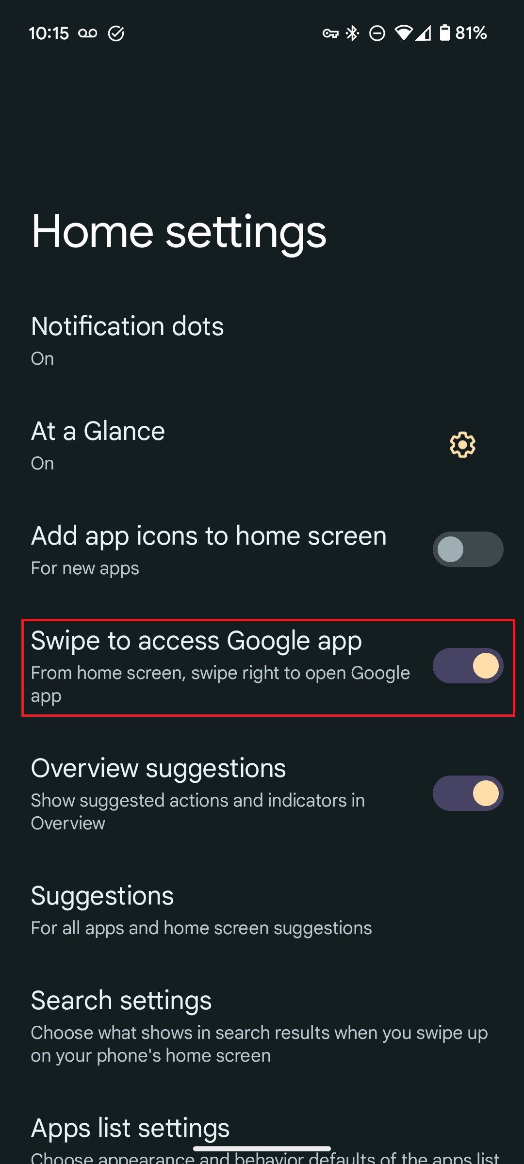 Home settings on a Google Pixel phone with the Swipe to access Google app option highlighted with a red box