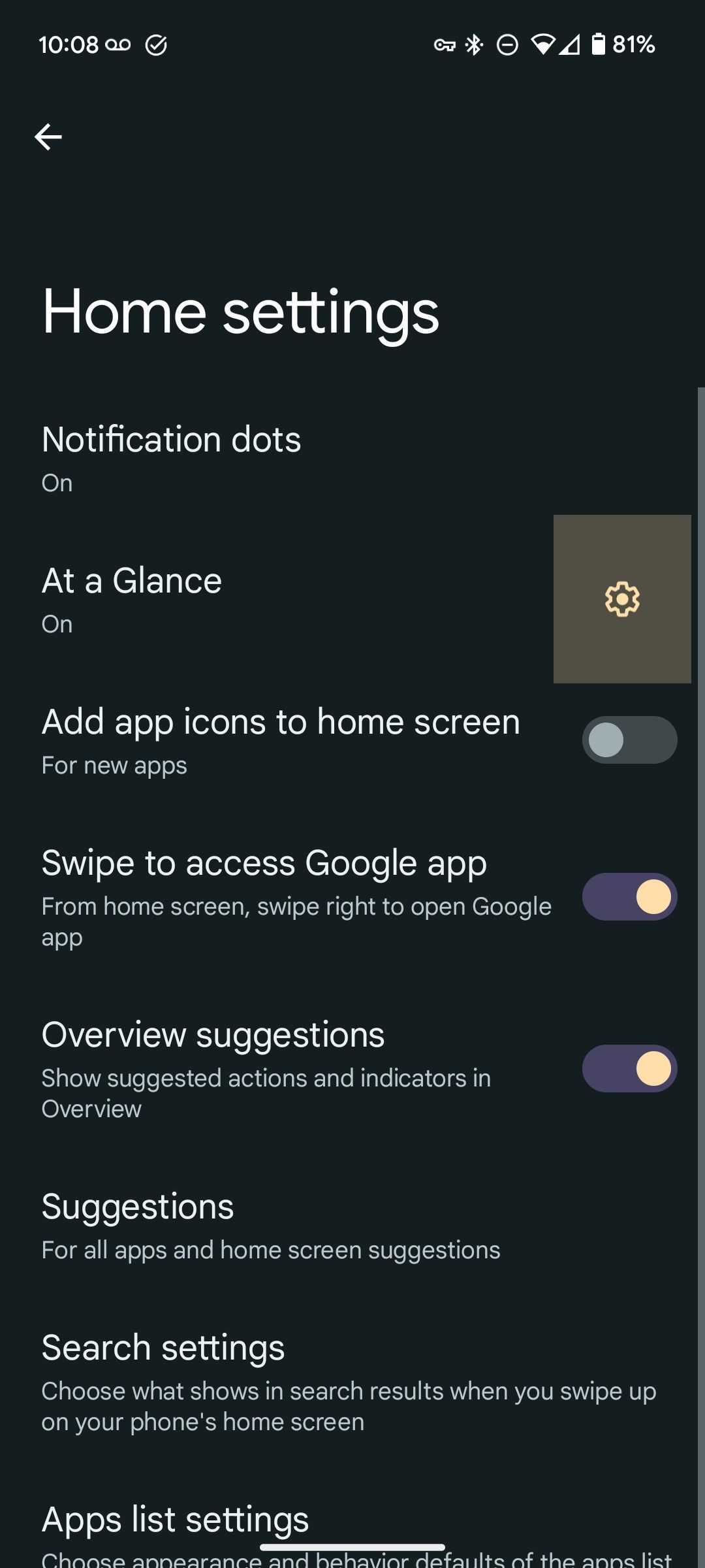 The Home settings menu on a Google Pixel phone with the At a Glance gear highlighted