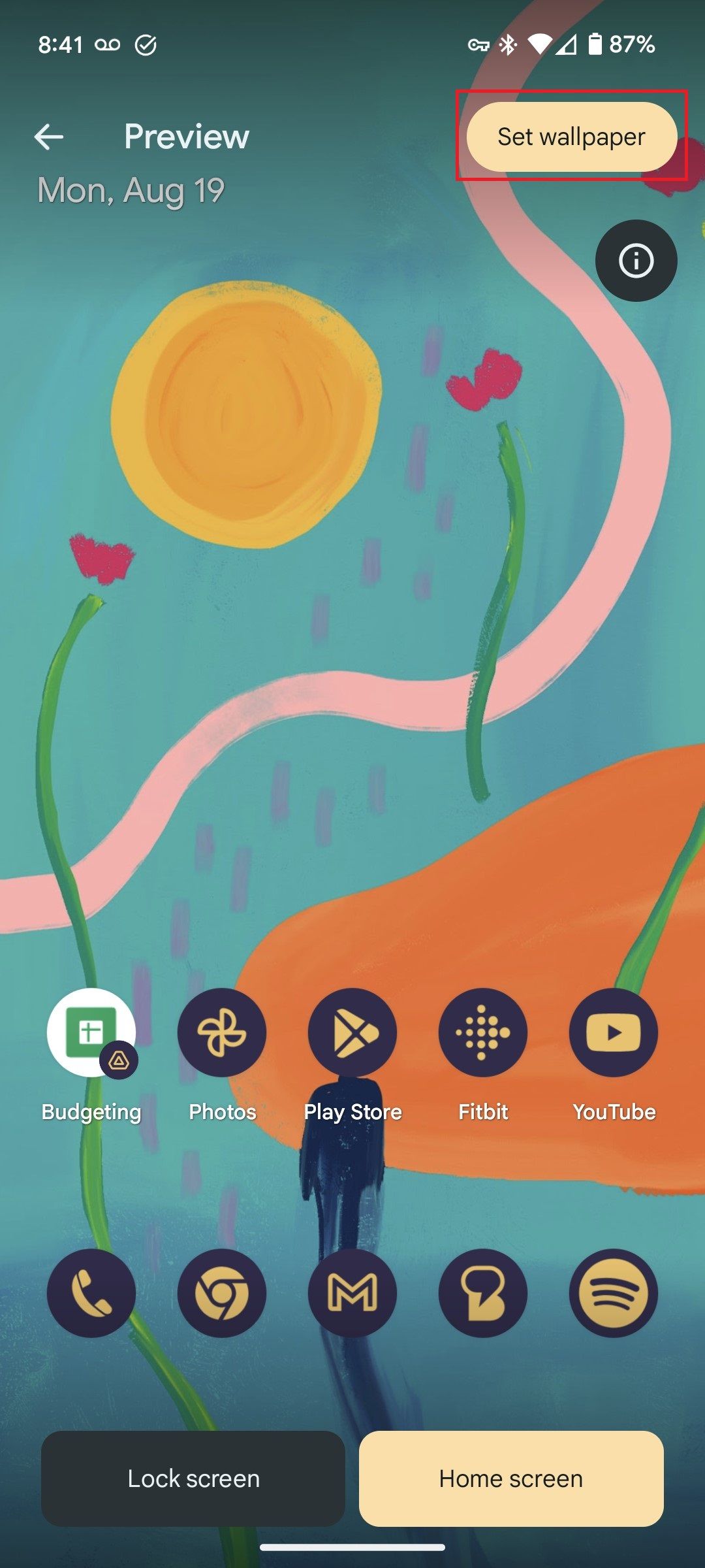 A preview of a new wallpaper on a Google Pixel phone with the Set wallpaper option highlighted with a red box