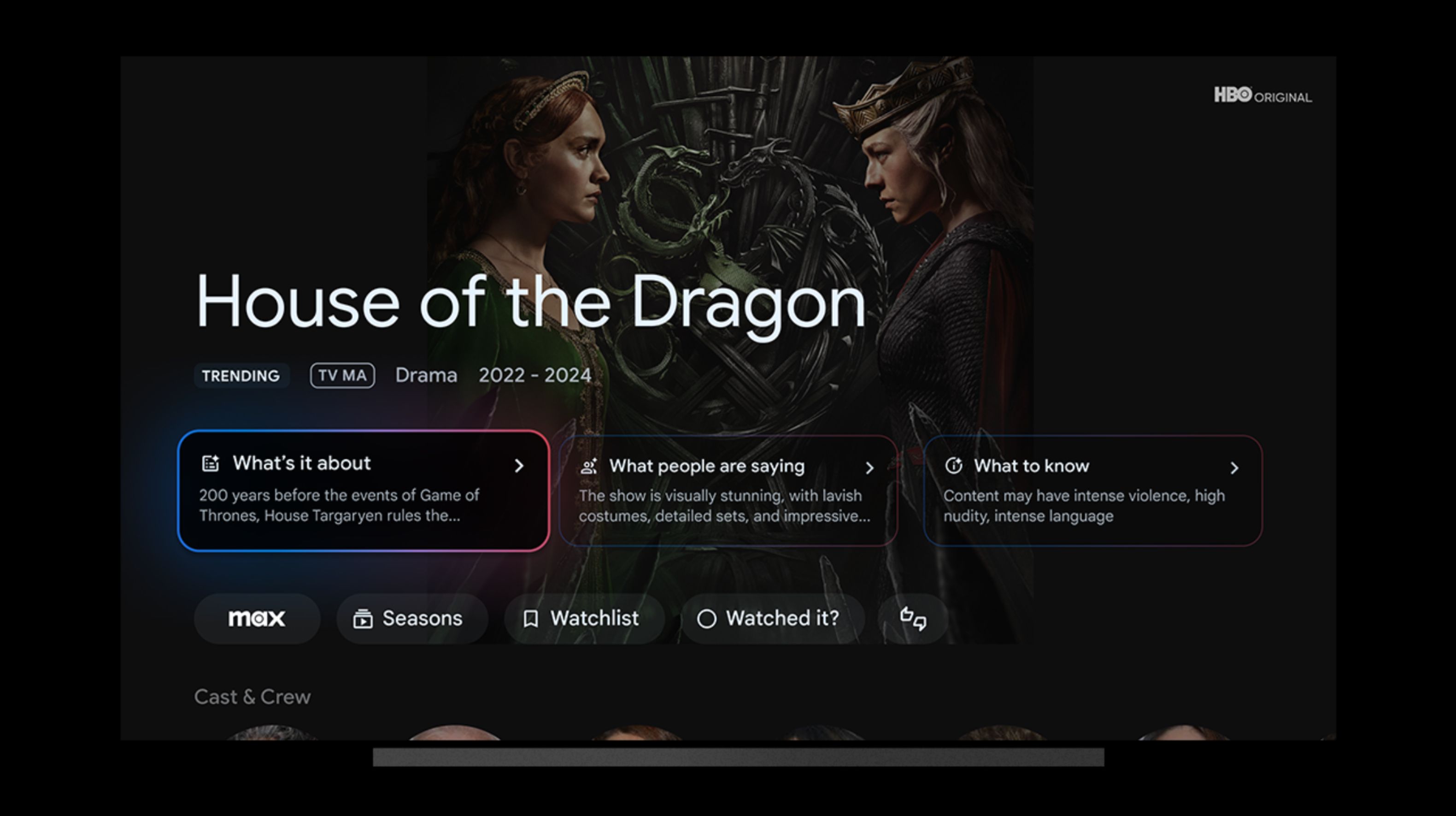 A screenshot of Google TV Streamer's AI-generated conent summary, alongside reviews, and 'what to know' information.