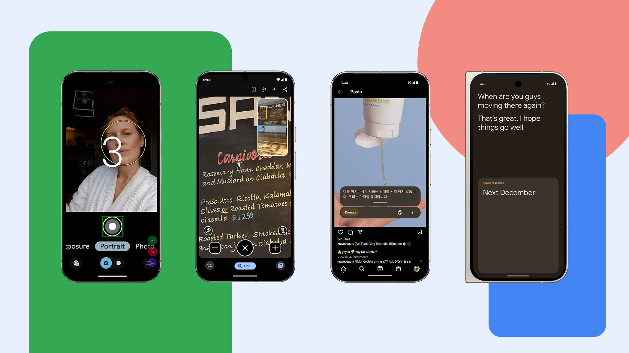 A graphic showing Google's upgraded and expanded accessibility features, including Guided Frame, Magnified, Live Captions, and Live Transcribe.
