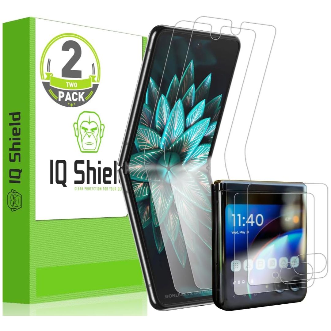 A foldable phone opened and closed, with a screen protector on a white background