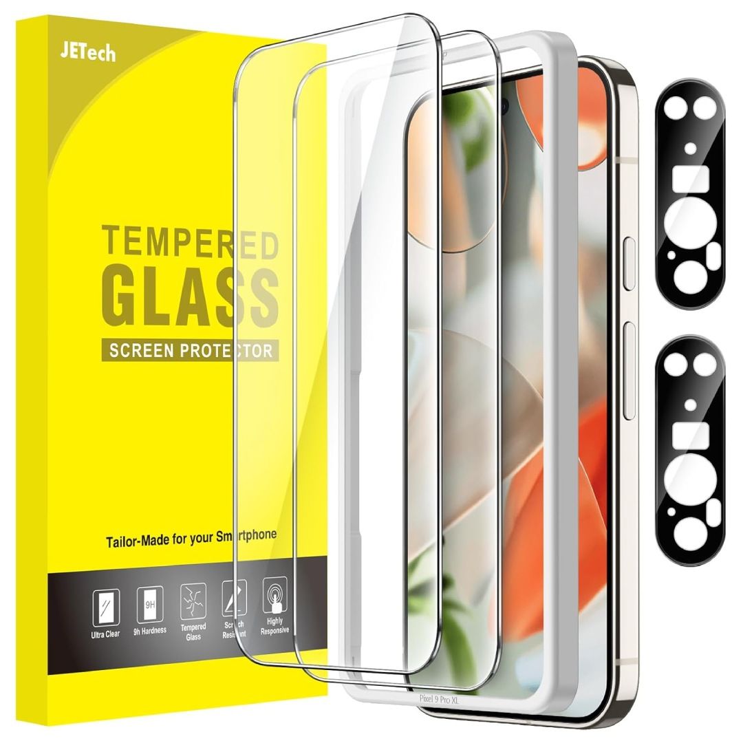 A render of the JETech tempered glass Pixel 9 Pro XL screen protectors, and their box