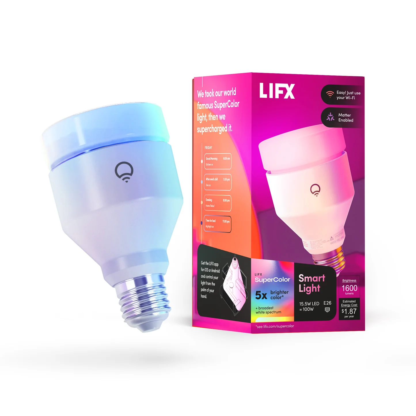 LIFX A21 SuperColor Smart Bulb light bulb next to its packaging