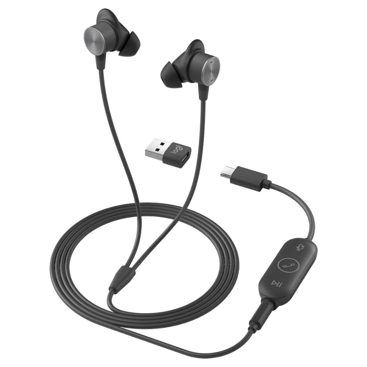 The Logitech Zone Wired Earbuds on a white background