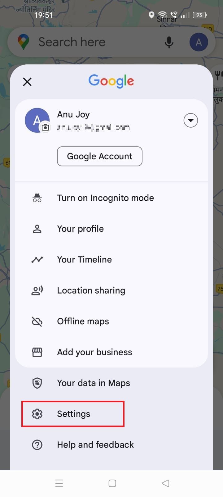 Screenshot highlighting Settings in Google Maps