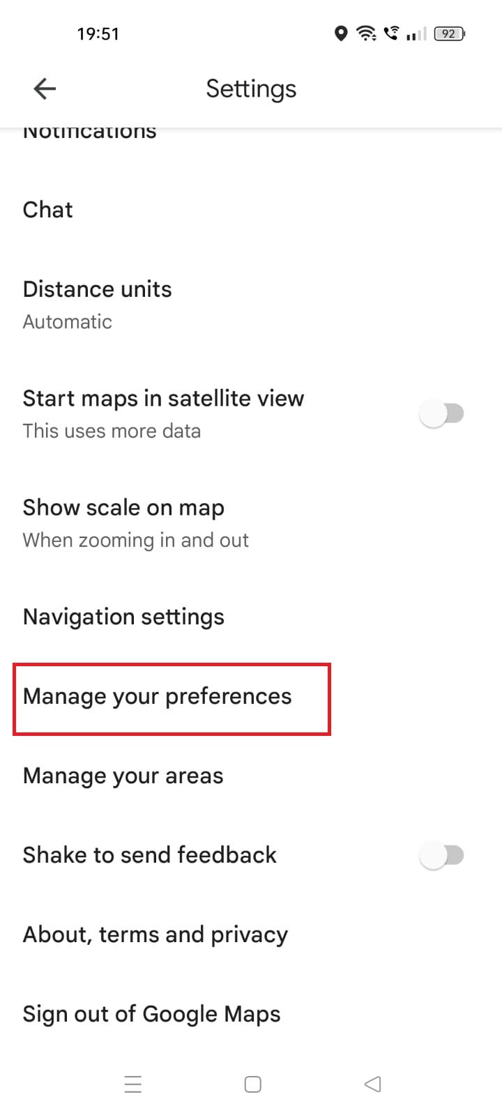 Screenshot highlighting “Manage your settings in Google Maps”