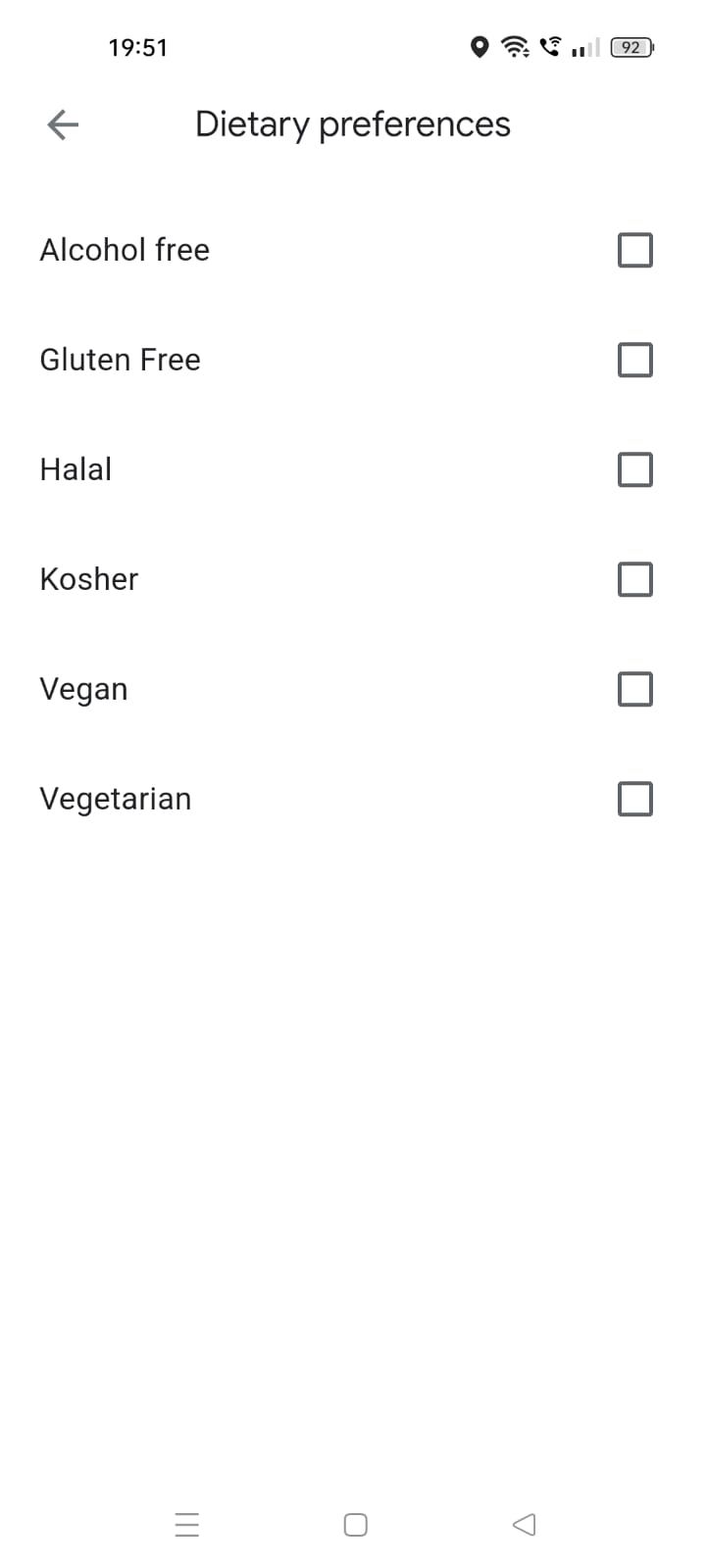 Screenshot showing dietary preferences in Google Maps