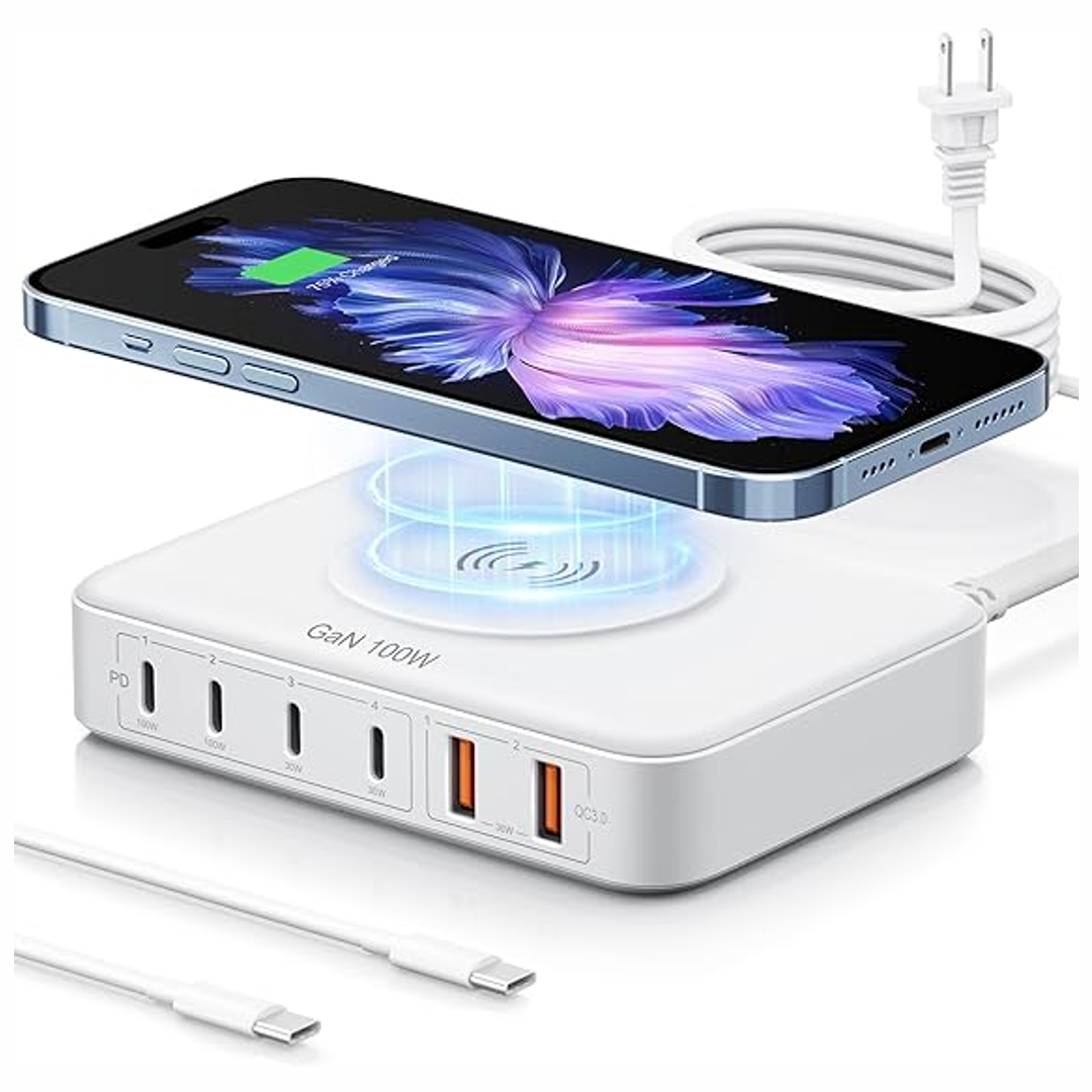 A photo of the Marnana 100W USB Charging Dock wirelessly charging a phone