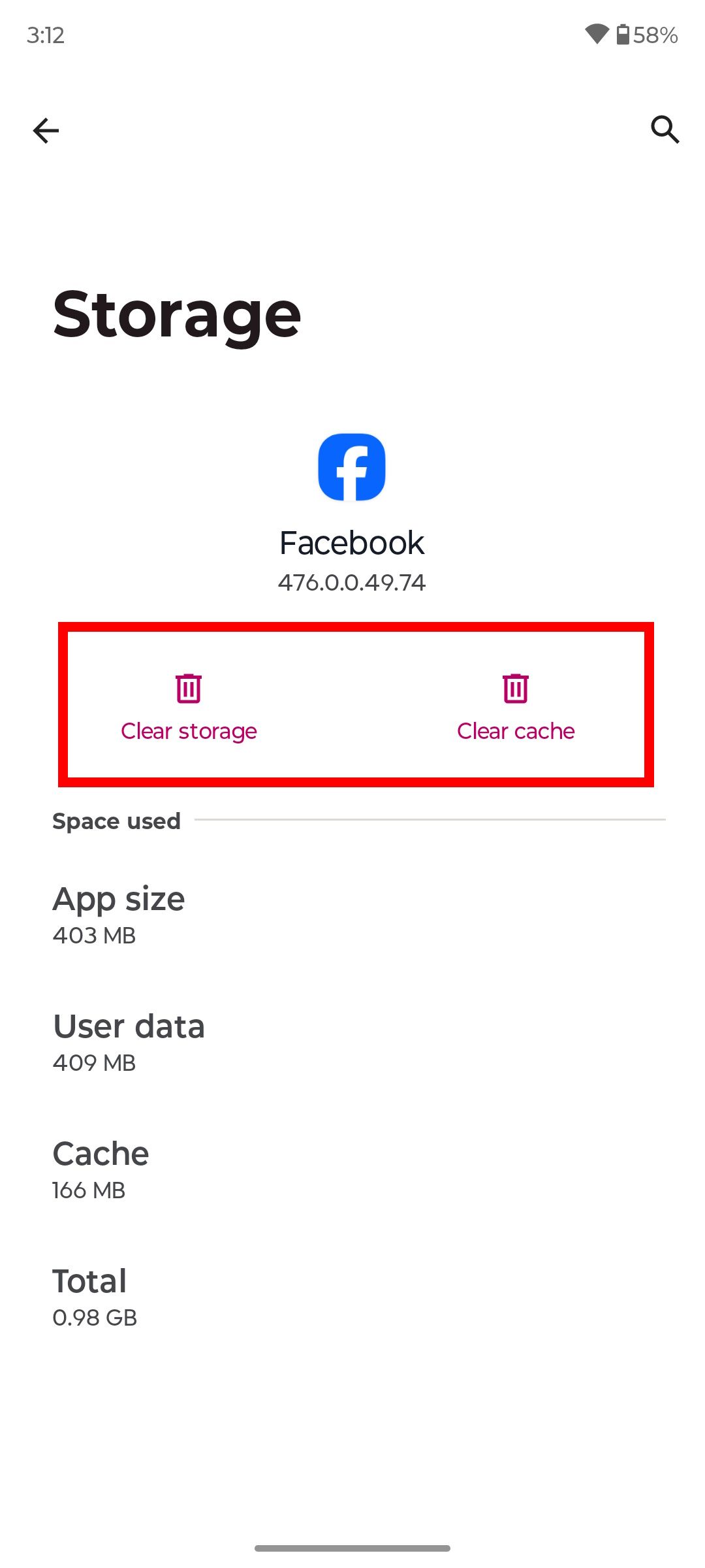 Red rectangle outline highlighting Clear storage and Clear cache options on app storage page