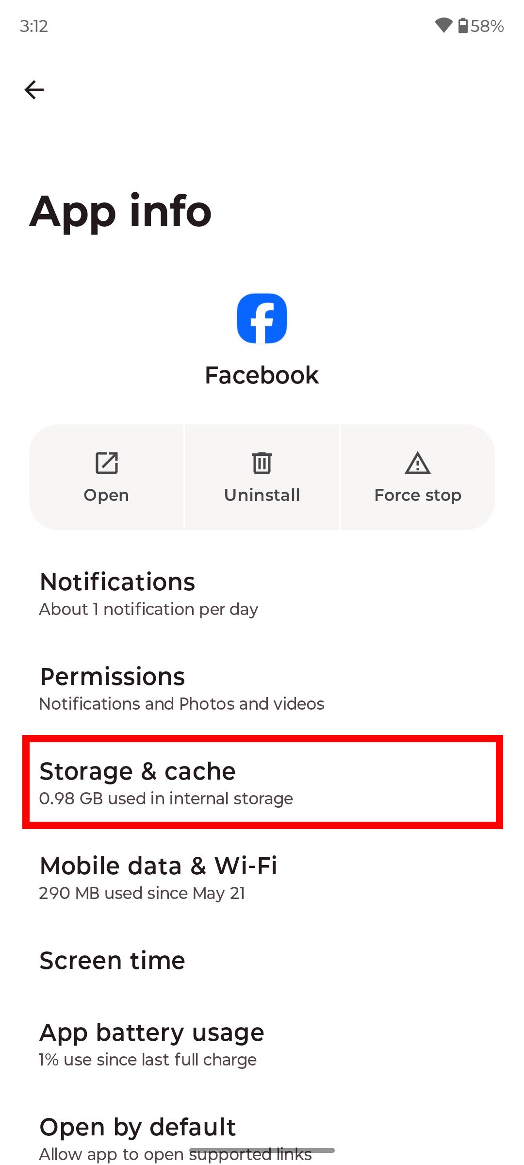 Red rectangle outline highlighting Storage & cache option in app info