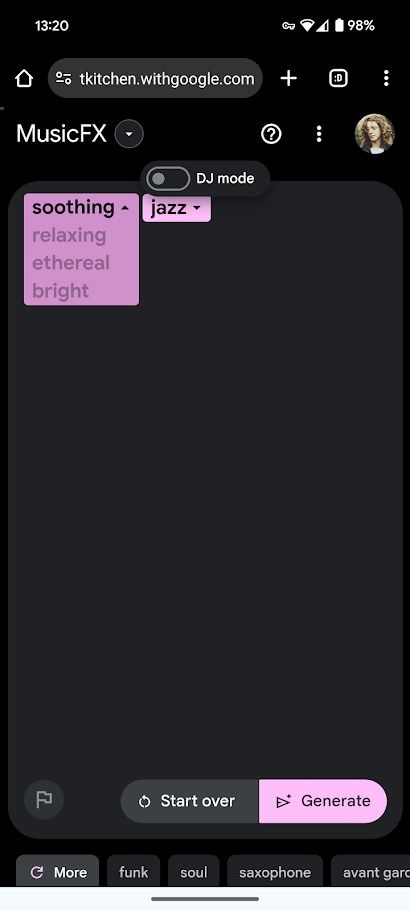 google's music ai generation tool on mobile showing pink drop down menu of adjectives