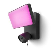 Philips Hue Secure Floodlight Camera on white background, floodlight set to pink color