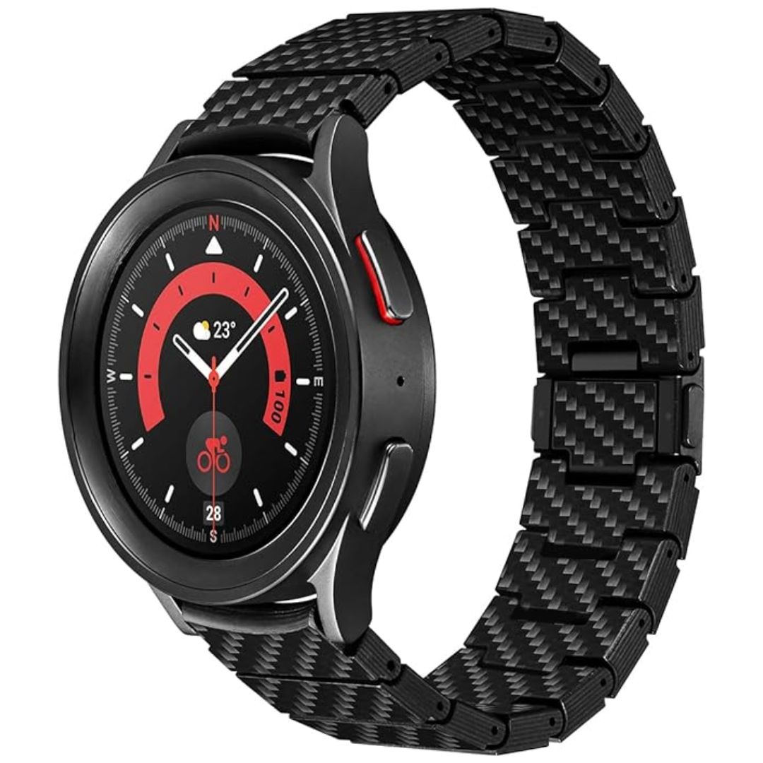 A black carbon fiber band on a smartwatch on a white background