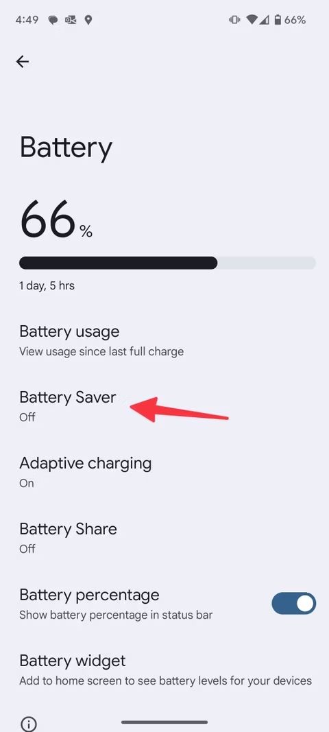 Screenshot highlighting Battery Saver on the Pixel 9 Pro