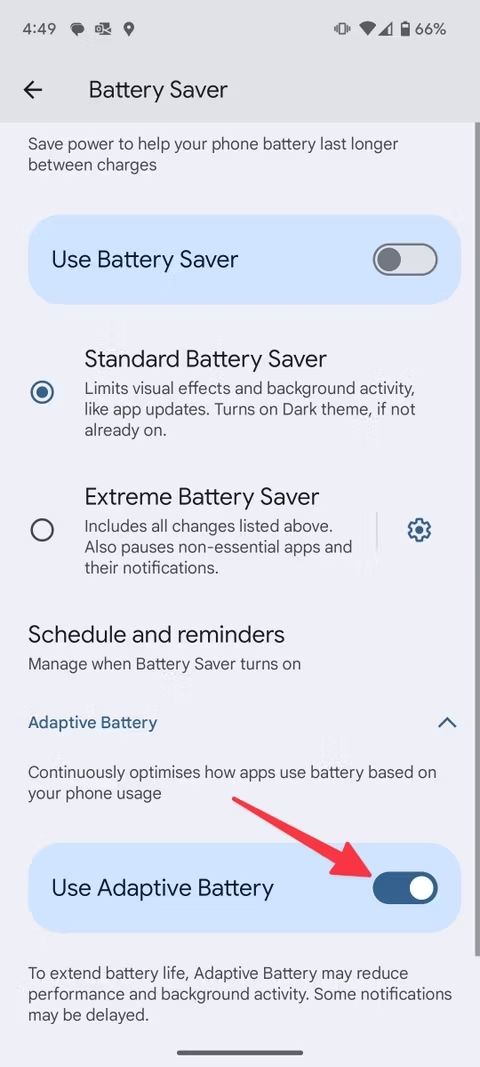 Screenshot highlighting the Use Adaptive battery toggle on the Pixel 9 Pro