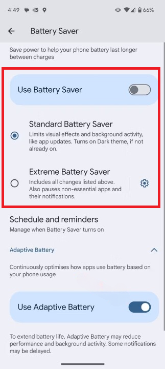 Screenshot highlighting Use Battery Saver on the Pixel 9 Pro