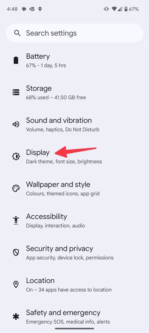 Screenshot highlighting Display on the Pixel 9 Pro