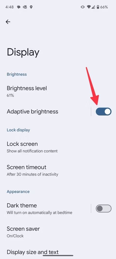 Screenshot highlighting Adaptive brightness on the Pixel 9 Pro