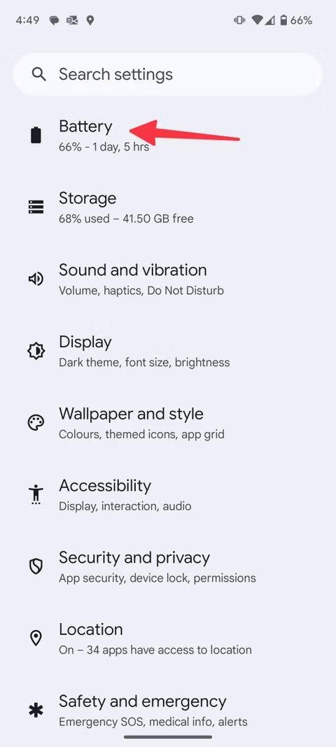 Screenshot highlighting Battery on the Pixel 9 Pro