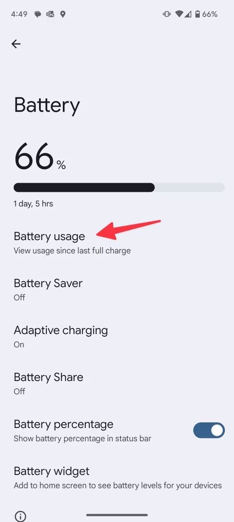 Screenshot highlighting Battery Usage on the Pixel 9 Pro