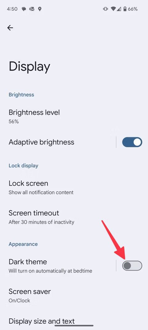 Screenshot highlighting the Dark theme toggle on the Pixel 9 Pro