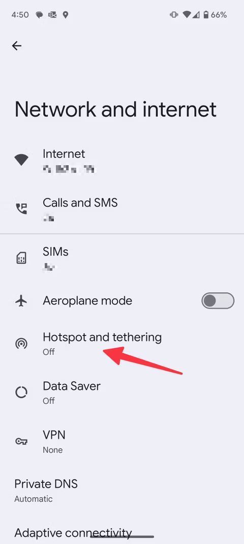 Screenshot highlighting Hotspot and tethering on the Pixel 9 Pro