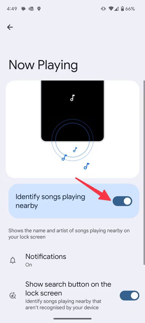 Screenshot highlighting the toggle Identify songs playing nearby on the Pixel 9 Pro