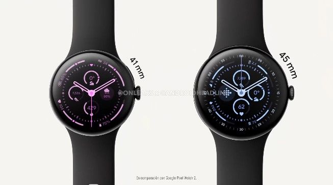 Screenshot from a leaked Pixel Watch 3 promo video showing the upcoming wearable's sizes.