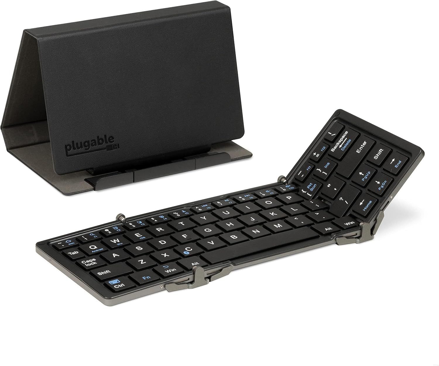 Plugable foldable black bluetooth keyboard and phone stand on white background