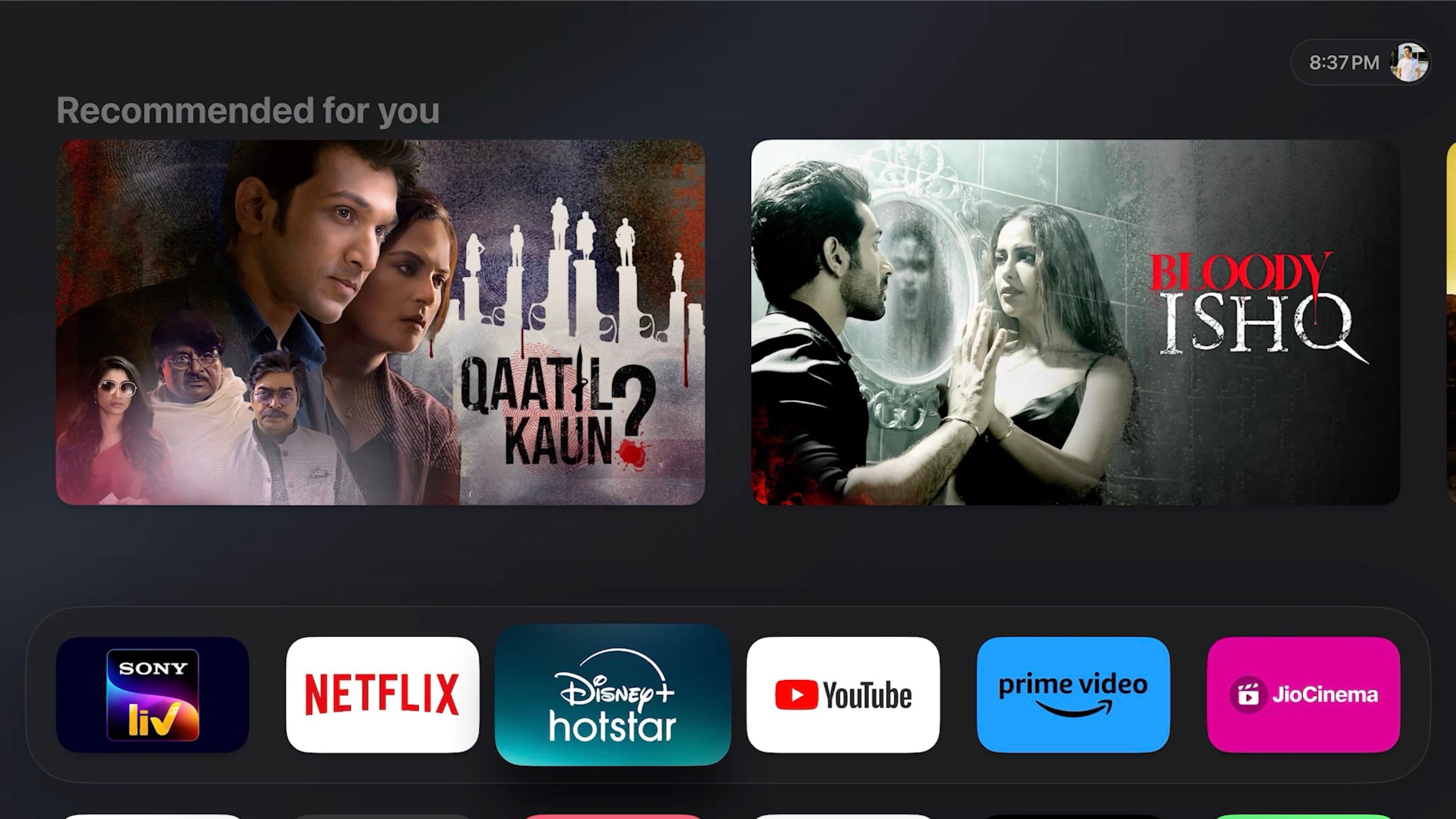 Apple TV top row with favorite apps