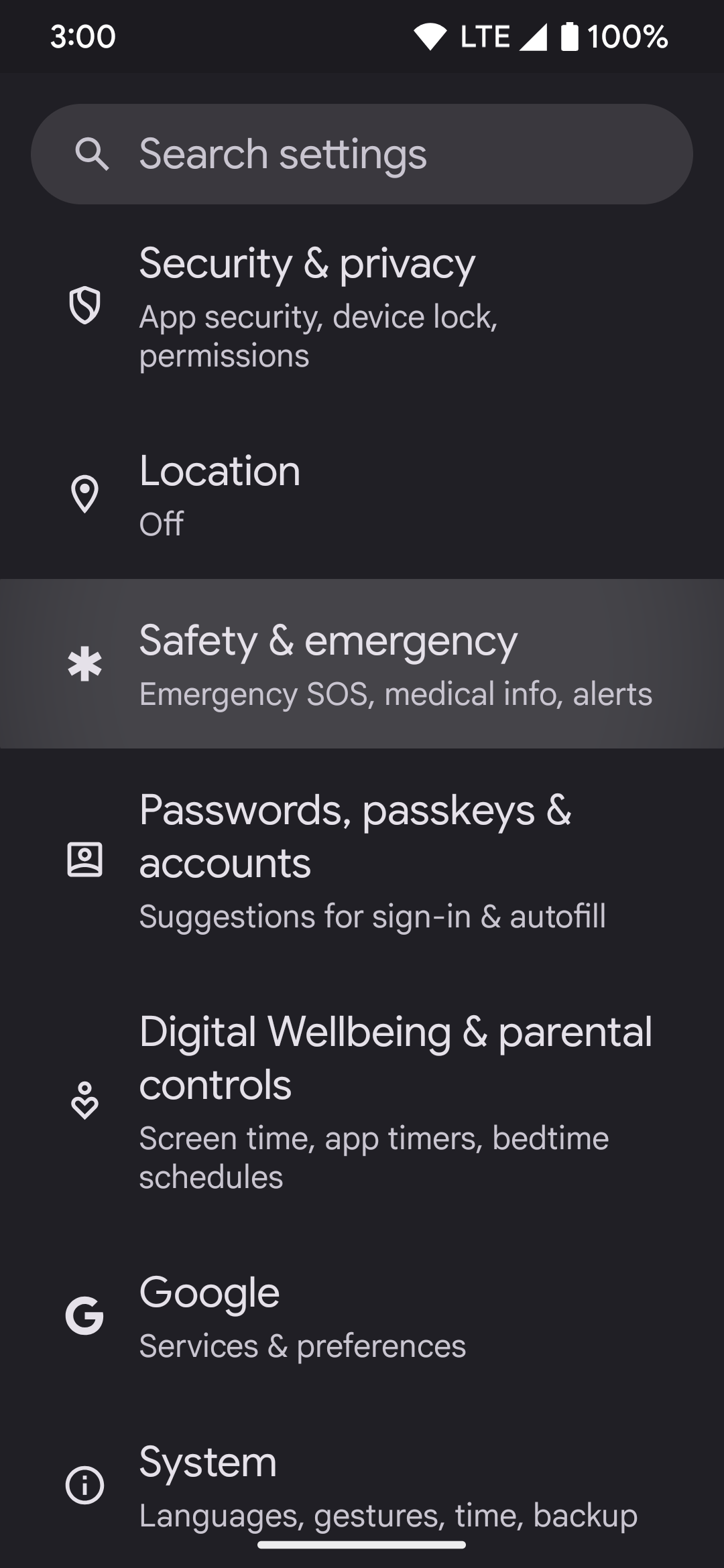 Highlighting the "Safety & emergency" section in the Settings app on a Pixel phone.