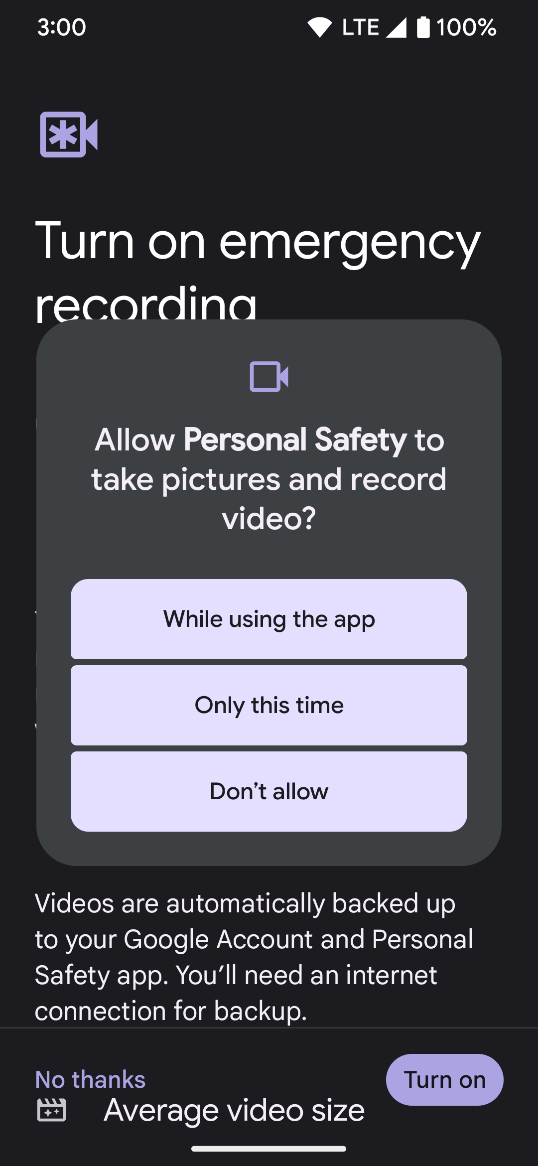 The video permissions that pop up for Personal Safety when using the Emergency SOS feature.