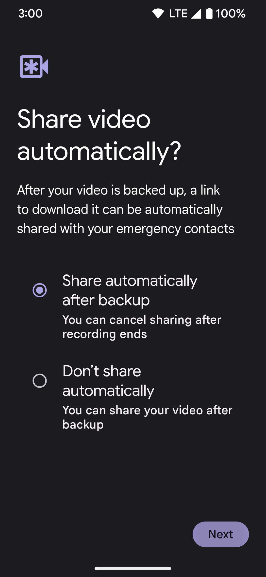 The additional video settings when finishing the Emergency SOS feature setup.