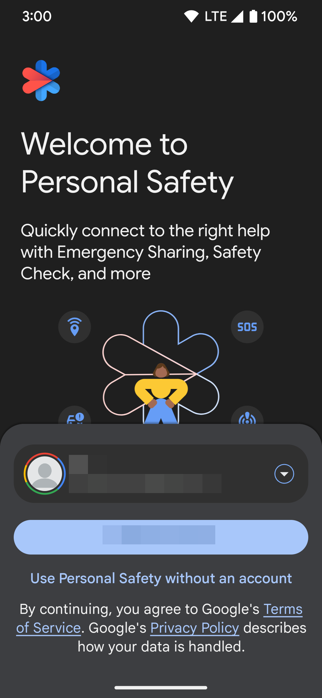 Signing in with a Google account to the Personal Safety Pixel app.