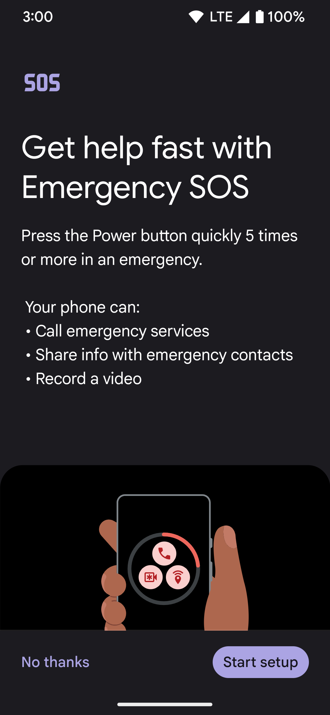 The initial setup page for the Emergency SOS feature on a Pixel phone.