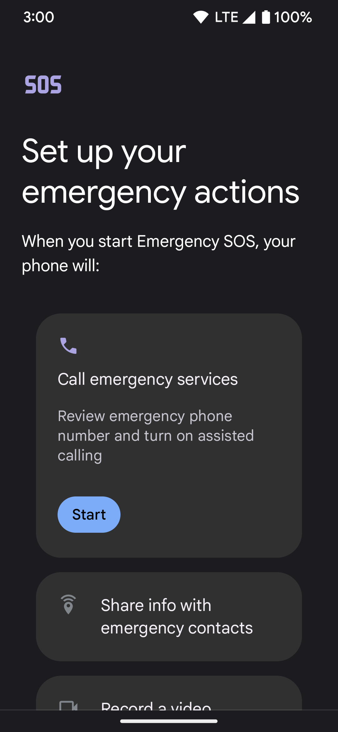 Showing the "Call emergency services" "Start" button for the Emergency SOS feature.