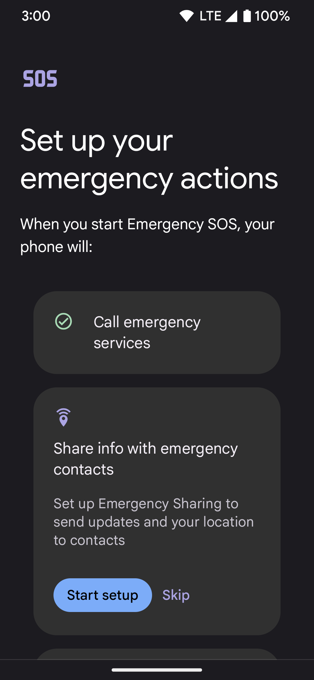 Showing the "Start setup" button for the "Share info with emergency contacts" section on Emergency SOS.