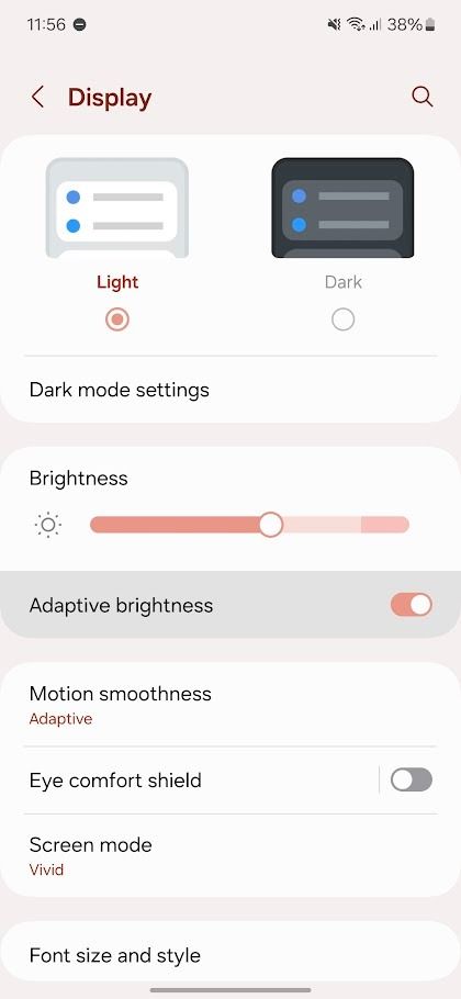 samsung galaxy display settings in light mode