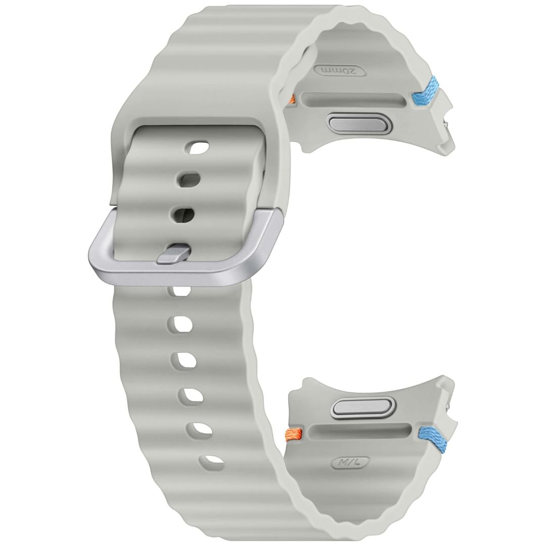 A grey watch band on a white background