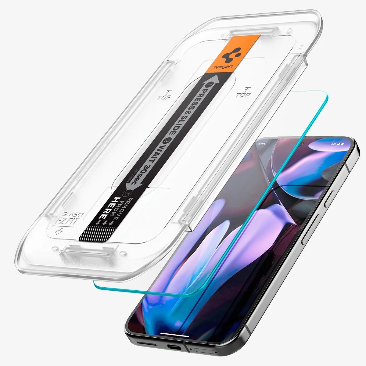 A render of the Spigen GlassTR EZ Fit Pixel 9 Pro XL screen protector and its installation frame