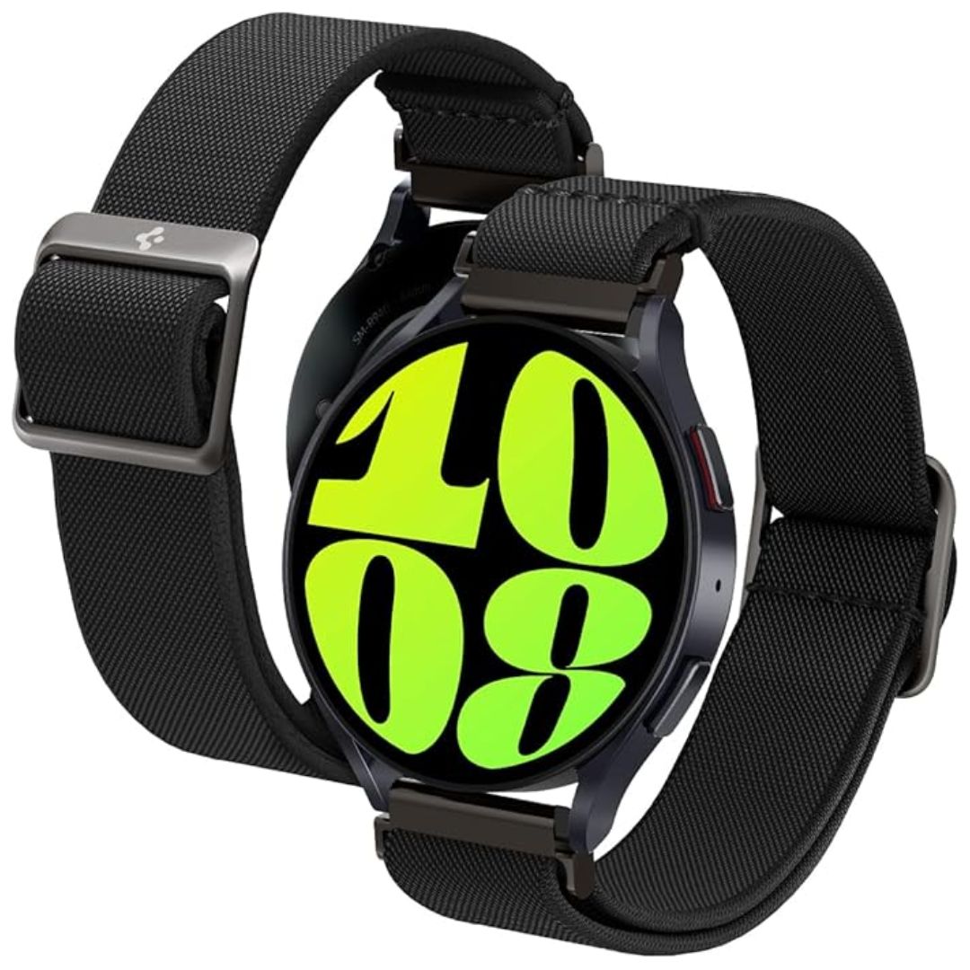 A black fabric band on a smartwatch on a white background