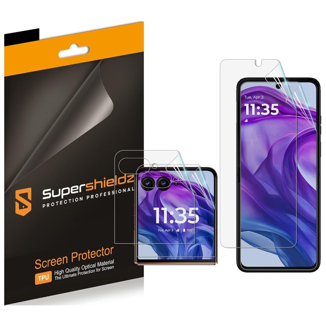 A foldable phone with a screen protector on a white background