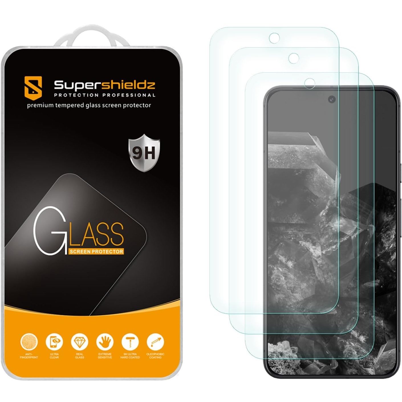 Supershieldz Tempered Glass for Pixel 9 Pro beside packaging