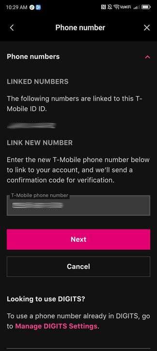 Screenshot of T-Mobile phone number page 