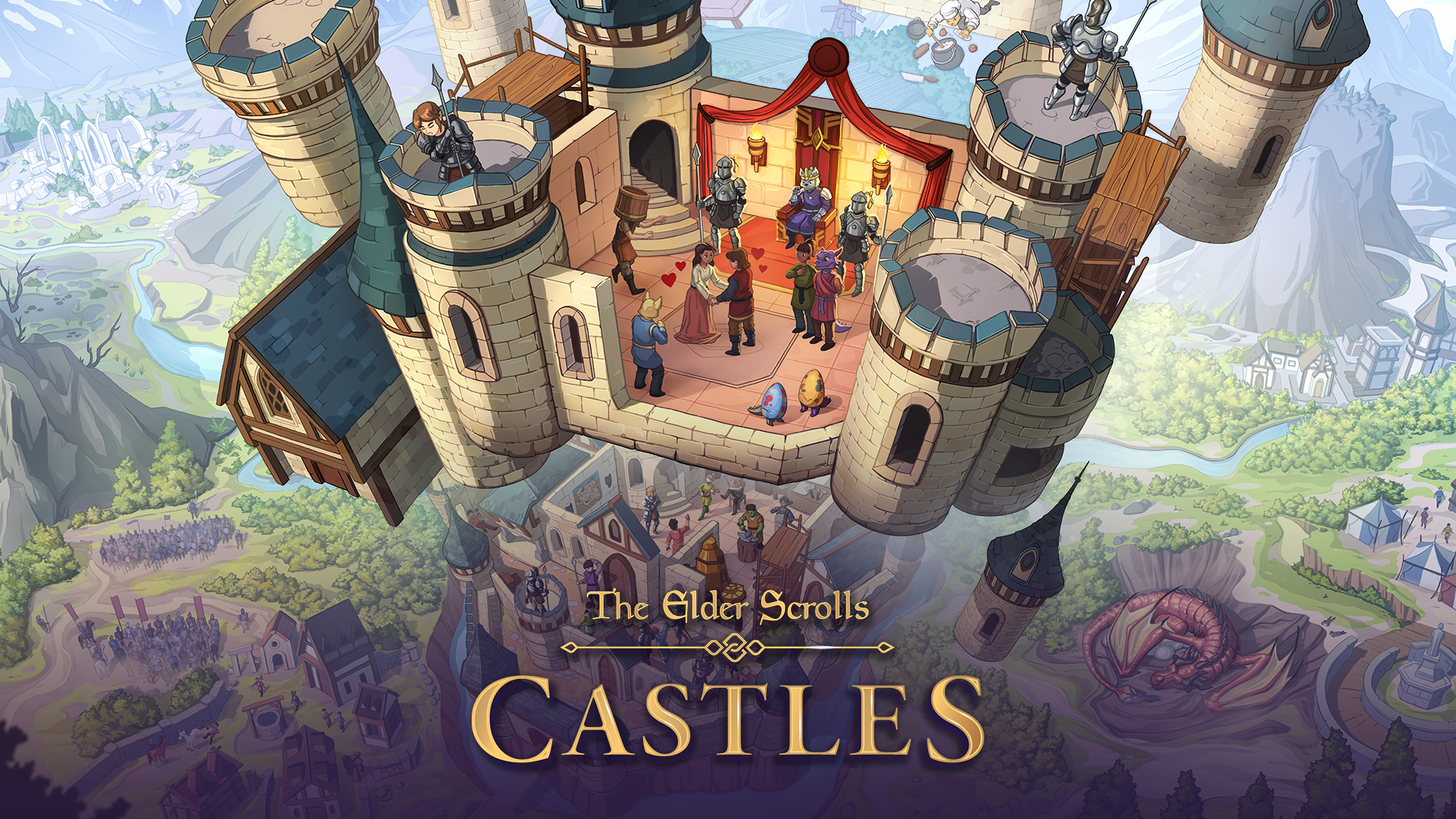 The Elder Scrolls Castles art showing floating castle and characters