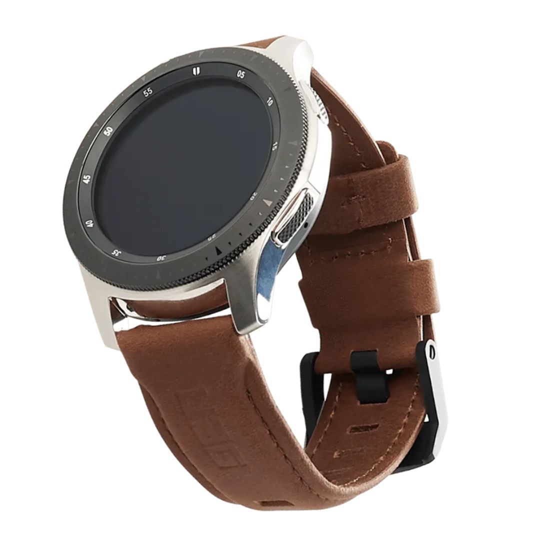 A brown leather band on a smartwatch on a white background