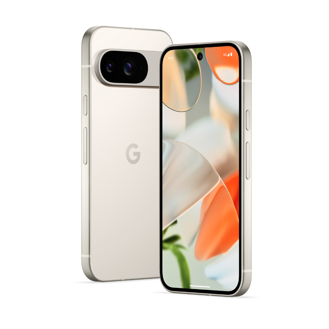 Render of the Google Pixel 9 in Porcelain against a white background.