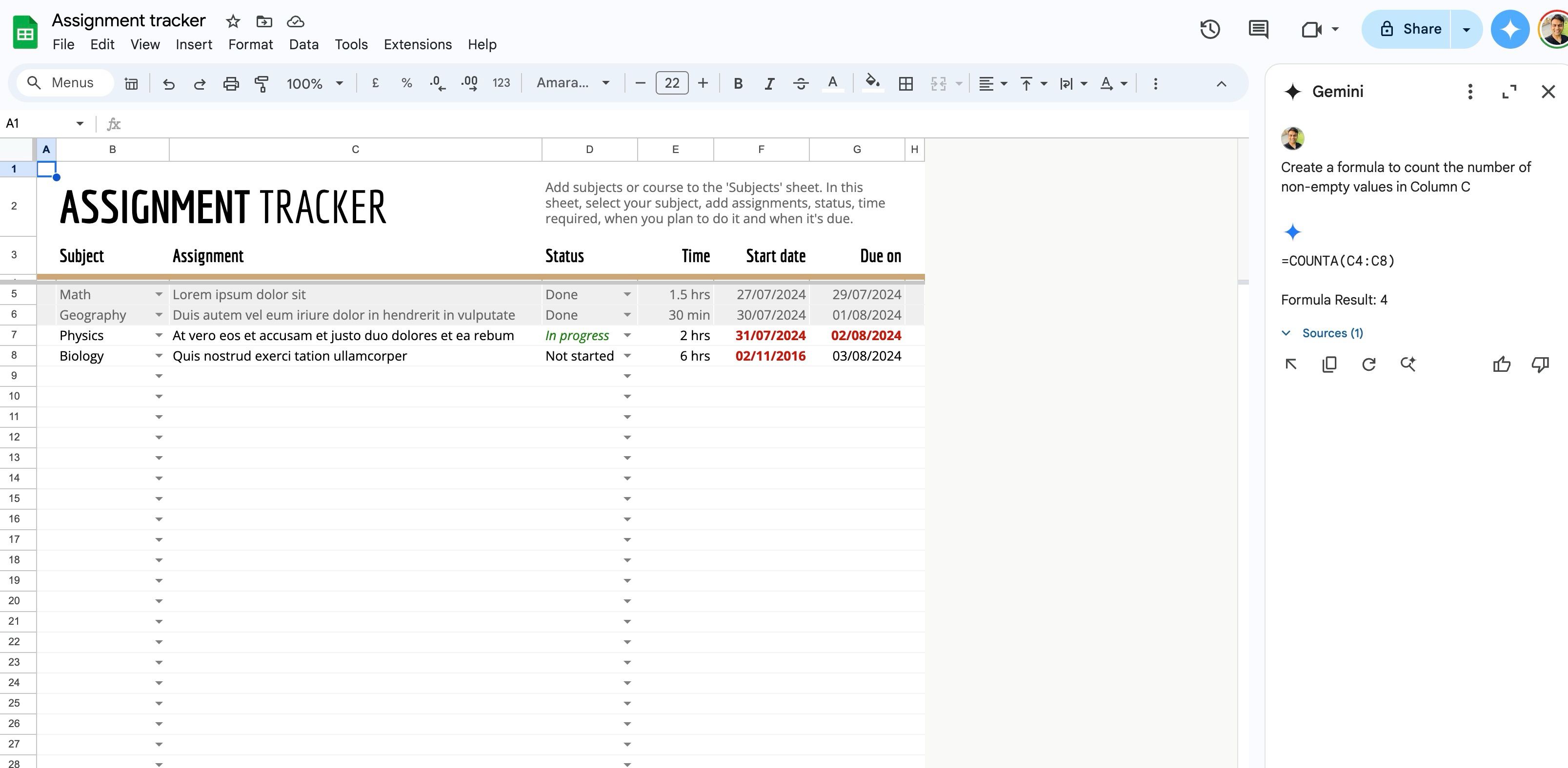 Gemini created formula in Google Sheets